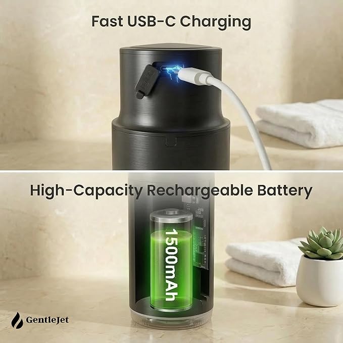 GentleJet CrystalJet Automatic Liquid Soap Dispenser Touchless Sensor, Stainless Steel, USB-C Rechargeable, Waterproof Kitchen & Bathroom Countertop Soap Dispenser, 300 ml