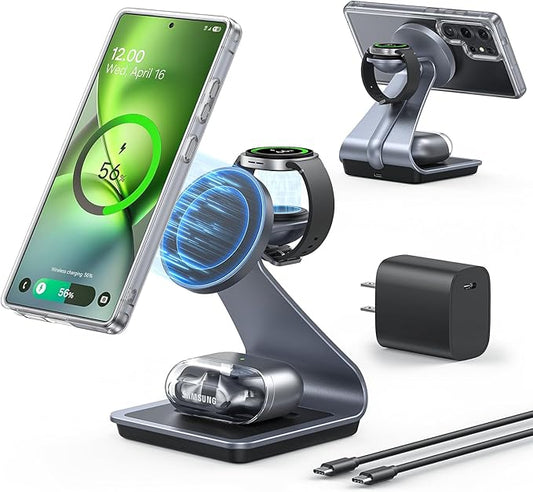 Meifigno Magnetic Wireless Charger for Samsung, 3 in 1 MagSafe Charging Station Aluminum Charger Stand for Galaxy S26/S25/Z Fold7/Z Flip7, Watch Charger Stand for Galaxy Watch Ultra 8 7, for Buds