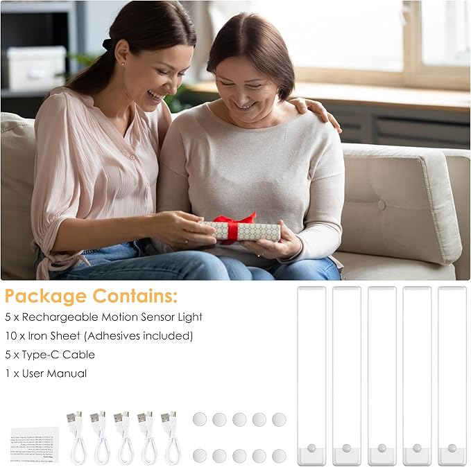 5-Pack Motion Sensor Under Cabinet Light, 3 Color Temperature Dimmable Rechargeable Magnetic Closet Light 11.8 inch Wireless Under Counter Lighting