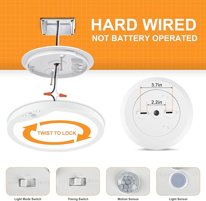 2-Pack Motion Sensor Ceiling Lights Hard-Wired, 9Inch Indoor Motion Activated LED Ceiling Light Fixtures with 3 Modes, Flush Mount Lights for Closet Stairwell Hallway, NOT Battery Operated, 5000K