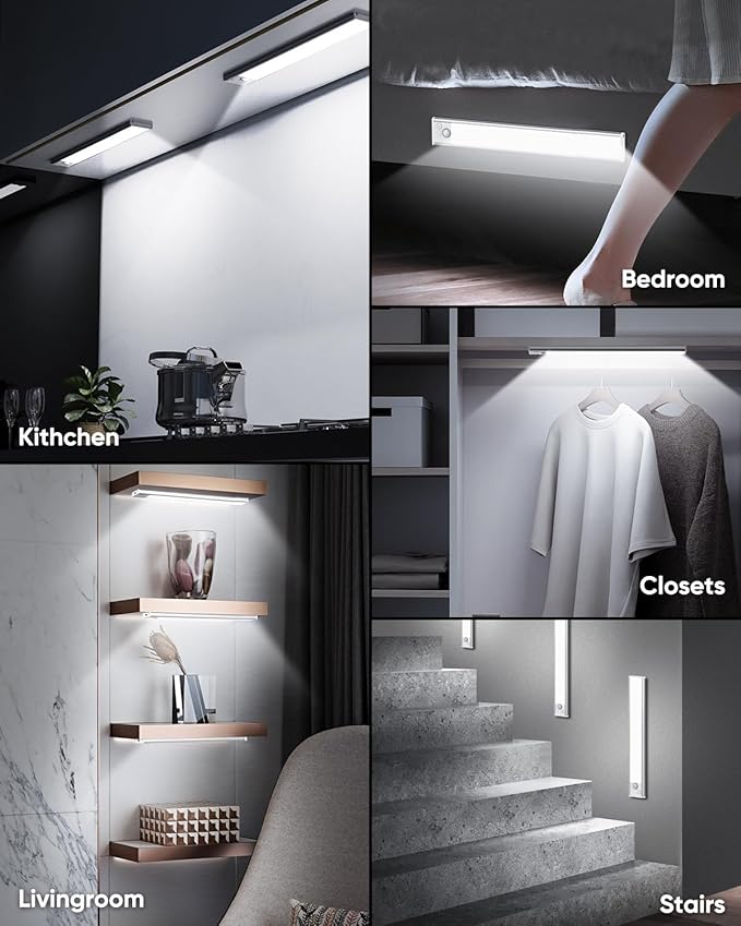 12'' Under Cabinet Lights, 2500mAh LED Battery Operated Rechargeable Motion Sensor Lights Indoor, Magnetic Dimmable Closet Light, Wireless Under Counter Cupboard Night Light for Kitchen, Stair, 3 Pack