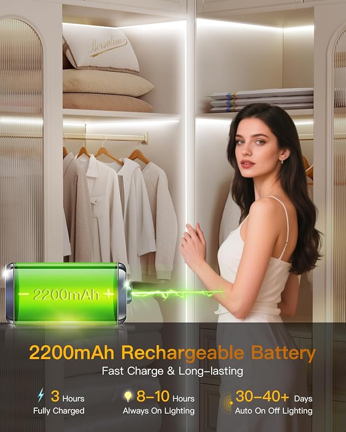 Rechargeable Motion Sensor COB LED Lights Strips, 2 Pack 6.56FT Motion Activated Under Cabinet LED Strip Lights 2200mAh Battery Powered Under Cabinet Strip Lighting Wireless for Kitchen Closet Pantry