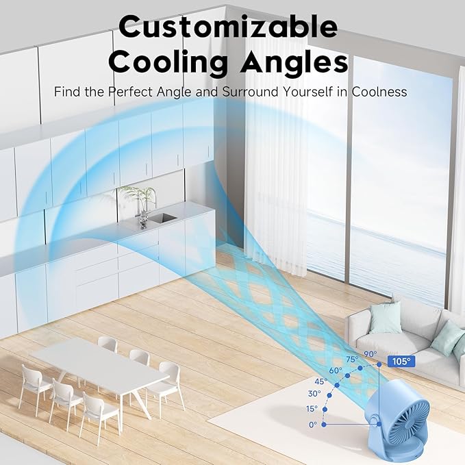 YOSHENMO Desk Fan, Turbo Table Fan for Bedroom, 100-Speed Digital Display, Low Noise, 105° Adjustable Tilt, 7.5-inch, Rechargeable Battery, Wall-Mouted Design for Home, Office, Travel Blue