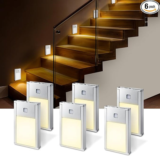 VST Motion Sensor Step Night Light, Rechargeable Battery Powered Led Light with Magnetic Suck Installation for Bedroom Hallway Stair Nursery Kids Room (2.68 inch 3000K 6Pack Silver)