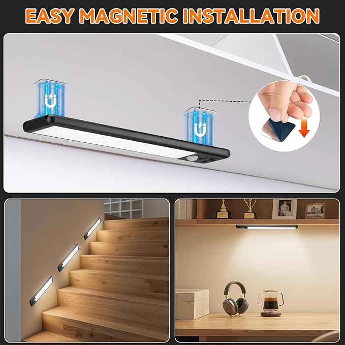 Under Cabinet Lighting Wireless, 15inch Rechargeable Motion Sensor Light Indoor, 3 Color Closet Light Battery Operated with LED Power Display, Magnetic Under Counter Lights for Kitchen (3Pack-Black)