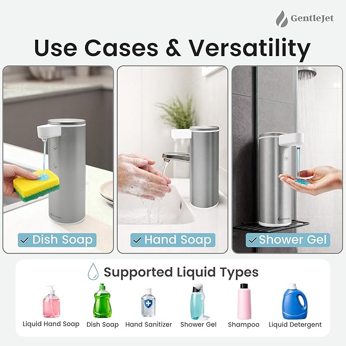 GentleJet OpalDrop Automatic Liquid Soap Dispenser for Kitchen Sink Touchless No-Drip Pump, USB-C Rechargeable, 304 Stainless Steel, IPX5 Water-Resistant, 270 ml