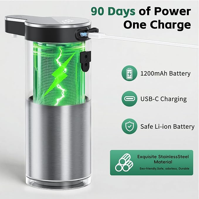 Automatic Soap Dispenser Touchless,Stainless Steel Hand Soap Dispenser,11.8oz/350ml,4 Adjustable Levels,USB Rechargeable,Desktop & Wall-Mounted Dual Use,for Kitchen & Bathroom,Liquid Black.