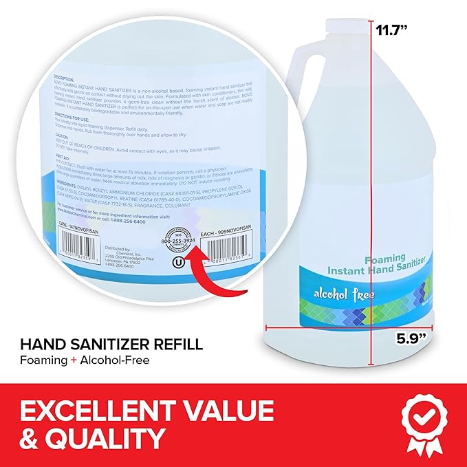 1 Gallon Foaming Hand Sanitizer Refill for Hand Sanitizer Pump and Automatic Dispensers, Fragrance Free and Alcohol Free Hand Sanitizer for Sensitive Skin, Liquid Hand Sanitizer Refill