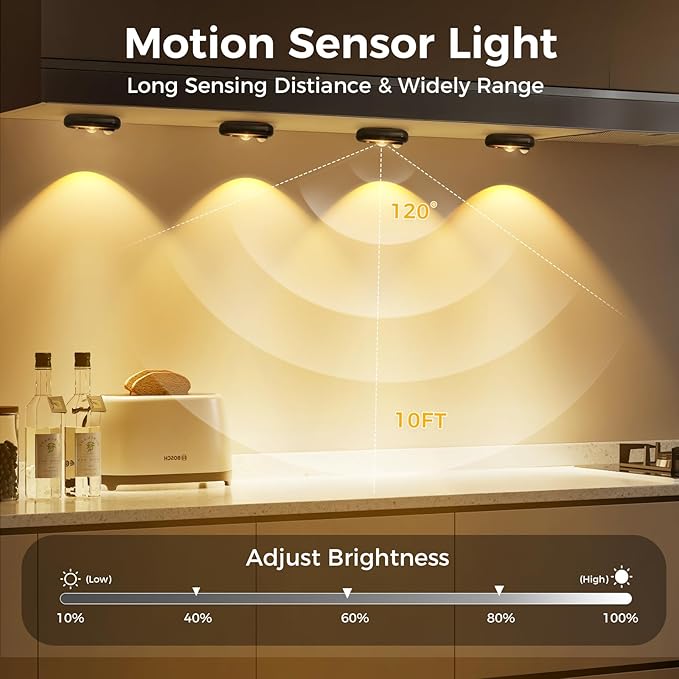 LED Motion Sensor Puck Lights, Small Rechargeable Under Cabinet Light, Dimmable Warm White Closet Lights, Wireless Under Cabinet Lighting for Drawer, Kitchen (6 Pack)