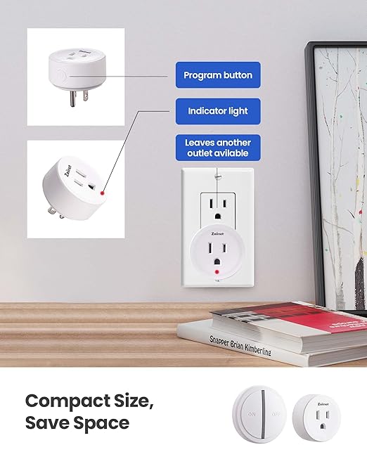 Zoiinet Mini Remote Control Outlet Switch, Portable, Magnetic Suction & Removable Wireless Plug Switch, No Wiring No WiFi, 300 ft, 15A/1500W, Programmable, for Household Appliances
