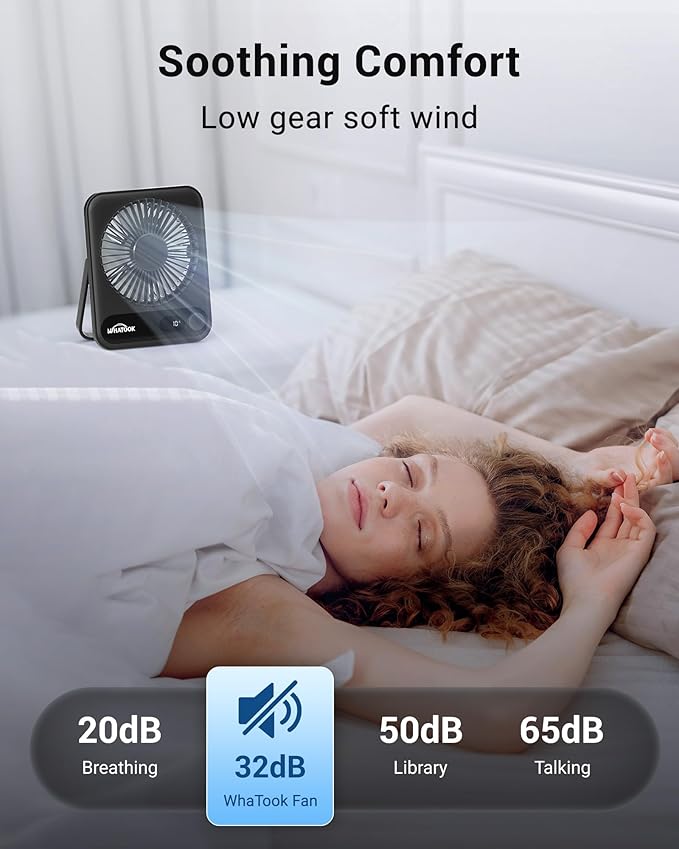WHATOOK Small Desk Fan Personal Fans: 5000mah 25 Hours Battery Office Quiet Mini Desktop Fan Portable Rechargeable Travel Essentials (Black, 2000 mAh)