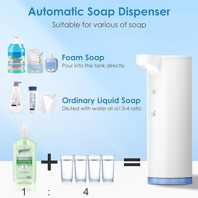 Automatic Hand Soap Dispenser Foaming: Touchless Soap Dispenser Stainless Steel - Free Touch Electric Soap Dispenser Rechargeable with Sensor for Bathroom, Commercial (White)