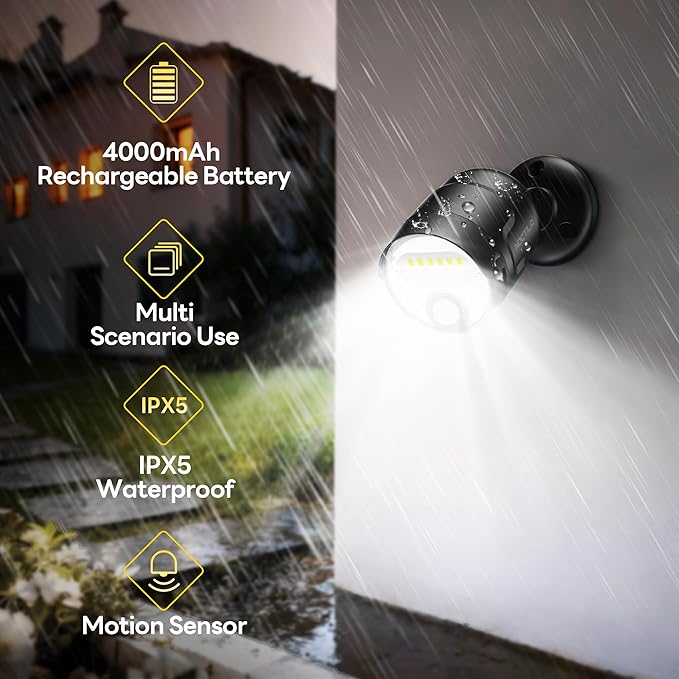 Rechargeable Battery Operated Motion Sensor Light, 4000mAh Battery Powered Spotlight 600 Lumen Outdoor IP65 Waterproof for Porch, Yard, Wall, Garden