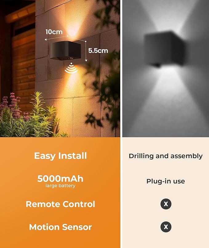 FULEN Motion Sensor Wall Light with Remote Control 3 Colors Wireless Wall Lamp LED Indoor Up and Down Wall Sconce 5000mAh Rechargeable Battery Powered Wall Lamps Brightness Adjustable, 2 Pack