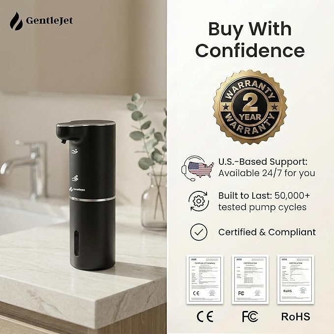 GentleJet JetFoam Automatic Foam Soap Dispenser Touchless Sensor, USB-C Rechargeable, Adjustable Output, IPX5 Waterproof, 300 ml, Bathroom & Kitchen Countertop