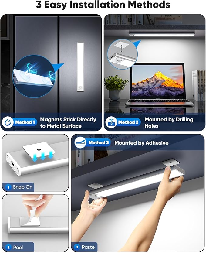 Under Cabinet Lights, 14'' LED Rechargeable Battery Operated Motion Activated Night Light Indoor, 3200mAh Magnetic Dimmable Closet Lights, 6500K Wireless Under Counter Light for Kitchen, Stair, 3 Pack