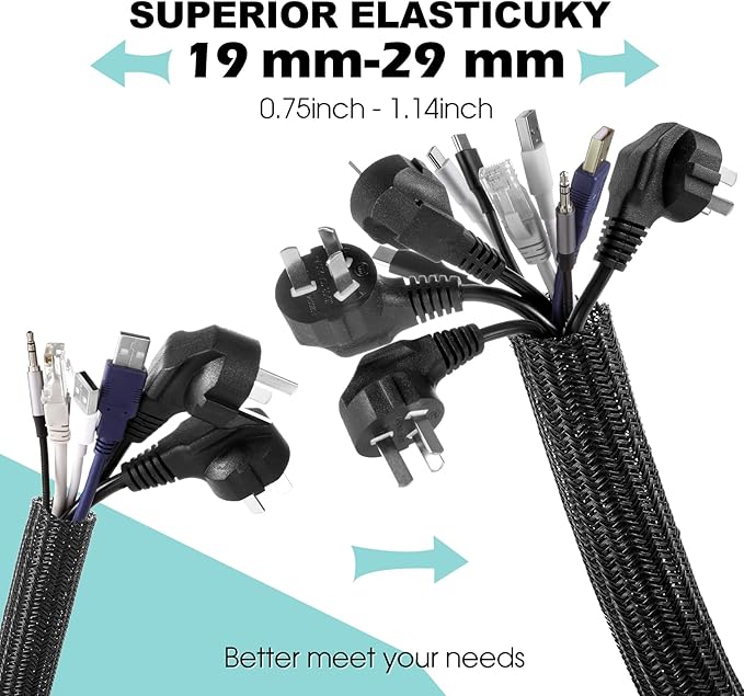 AGPTEK Cable Sleeve, 2 Pack 5ft - 1.2 Inch Cable Management, Desk Cord Cover Organizer Wire Hider for Home Office Computer TV Wire Loom Tubing, Pet Proof Cord Protector from Cat Dog Chewing, Black