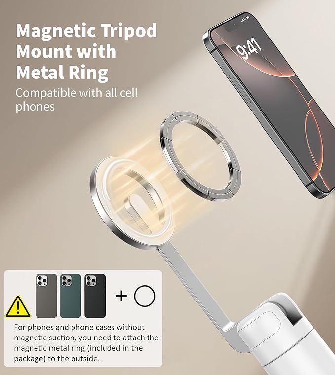 TONEOF 68" Magnetic Selfie Stick Tripod with Aluminum Strong Magnetic Holder for Magsafe, 360° Rotatable Travel Phone Tripod Stand with Metal Ring & Rechargeable Remote for iPhone/Android（White）