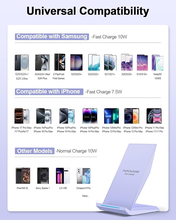 NANAMI Wireless Charger with USB C Charger - Fast Wireless Charging Stand Compatible with iPhone 17/16/15/14/13/12, Phone Charger Dock for Samsung Galaxy S26/S26+/S25/S25+/S25 Ultra/S24/S23/S22