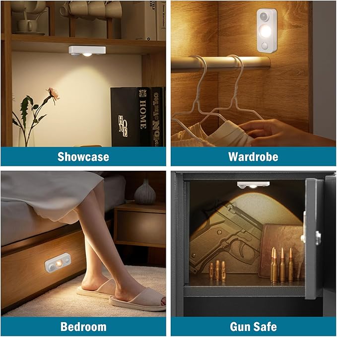 Rechargeable Motion Sensor Puck Lights, Under Cabinet Lights Wireless, LED Closet Lights Battery Operated, Dimmable Stick on Night Lights for Kitchen, Pantry, Stairway, Shelf, Warm White, 4 Pack