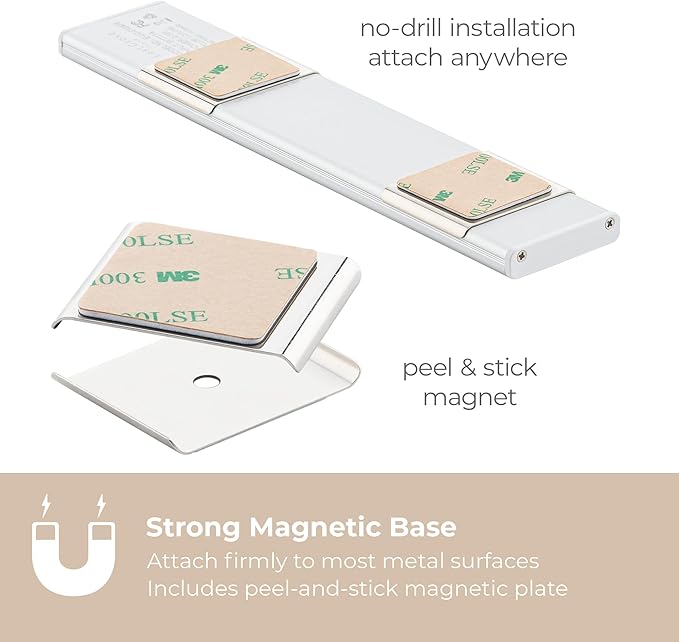 Magnetix 8in Rechargeable LED Under Cabinet Motion Sensor Light Bar with Magnetic Mounting Clips, Dimmable and 3-CCT Selectable in Brushed Aluminum for Kitchen and Closet