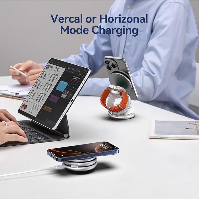 KU XIU X63 3 in 1 Charging Station for Apple, Aluminum Alloy Foldable Magnetic Wireless Charger, Travel Charger for iPhone 16/15/14/13/12 Series, Apple Watch& AirPods(with 20W Adapter)-Silver