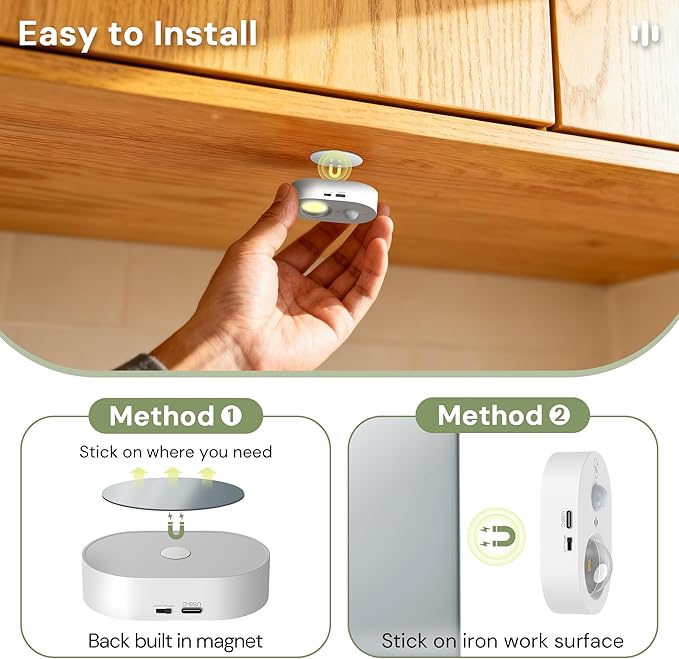 LOHAS 6-Pack Rechargeable Motion Sensor LED Puck Lights, Stick-On Wireless Magnetic Night Lights with Remote, Adjustable Brightness, Dimmable Under Counter Lights for Drawer, Kitchen, Bedroom, White