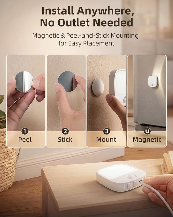 EZVALO Rechargeable Motion Sensor Night Light, Magnetic Stick-On LED Light with 3 Color Temperatures, Dimming & Memory, Portable Cordless Light for Closet, Bedroom, Hallway, Stairs, Bathroom (1 Pack)