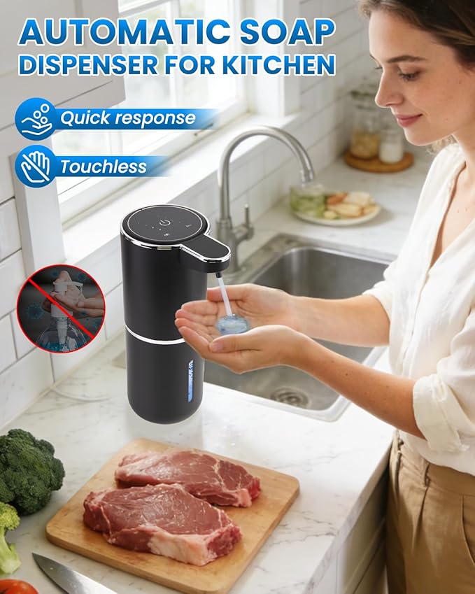 Automatic Soap Dispenser Touchless, Hands-Free, USB Rechargeable Dish Hand Soap Dispenser, 4 Adjustable Volume, Clog-Free for Bathroom Kitchen, Soap Waste Reduction, Easy for Toddlers, Black