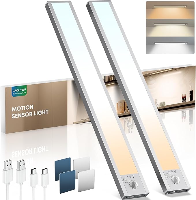 LROLTEF Under Cabinet Lights Wireless, 2 Pack 15.7 inch 1500mAh 3000K 4000K 6500K 3 Color Temps Dimmable Motion Sensor Light Indoor, Rechargeable LED Under Counter Lights for Kitchen, Stairs, Closet