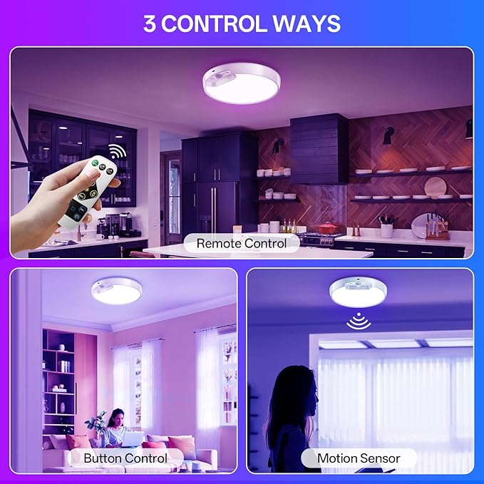 Homelist 2 Pack Rechargeable RGB Shower Light with Remote, Battery Operated Ceiling Light No Wiring - 10 Colors Changing for Shower Bathroom, Bedroom, Livingroom
