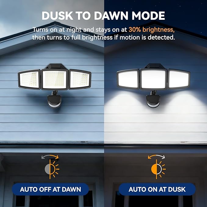 LED Security Lights Motion Sensor Light Outdoor, 7000LM, 6500K, Waterproof, Flood Light Outdoor Motion Detector with Adjustable 3 Head, Hardwired Wall Light for Entryway, Yard, Garage