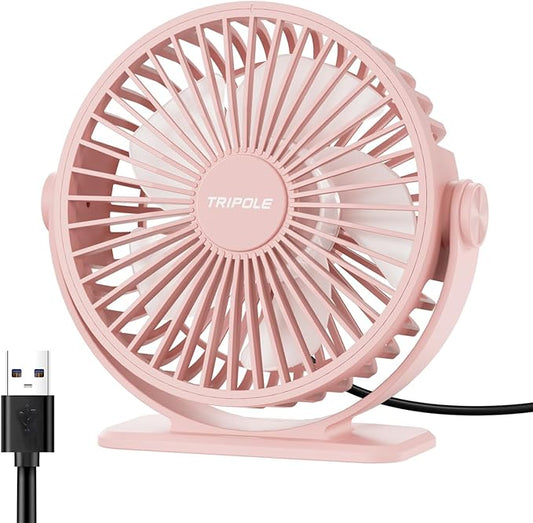 TriPole USB Desk Fan Mini Portable Personal Fan, 3 Speeds Adjustable Strong Breeze Small Electric Fan, 360° Rotation Quiet Plug In USB Fan for Desktop Bedroom Office Table Travel Cruise, Pink, 4.5in
