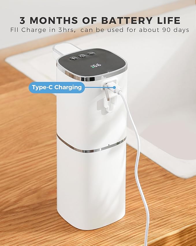 Automatic Liquid Soap Dispenser Touchless,USB Rechargeable, 9-Level Adjustable, 13.5oz/400mL, IPX5 Waterproof, Wall/Tabletop, Compatible with Thick Thin Dish Soap for Kitchen Bathroom, White