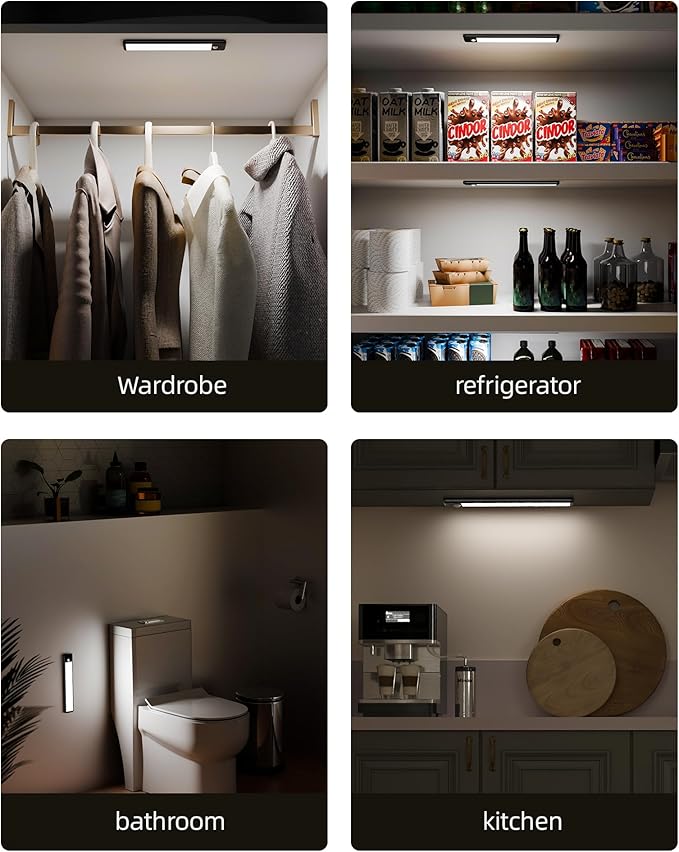 EZVALO 6-Pack Under Cabinet Lighting, 1600mAh Motion Sensor Light, Black LED Closet Lights Wireless, 6500K Dimmable, Timer, Magnetic, with Remote Control for Kitchen, Closet, Stair