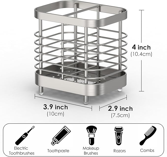 2 Slots Wall Mount Toothbrush Holder for Bathroom, Stainless Steel Toothbrush and Toothpaste Holder Organizer, Electric Toothbrush Holder Self Adhesive Wallmount/Countertop Organizer(Silver)