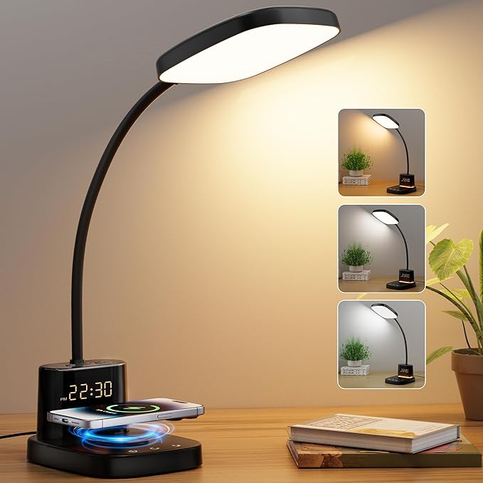 Desk Lamp, Bedside Table Lamps with Wireless Charger and Clock, 30Mins Auto-Off Night Light Lamp, 3 Color Modes Dimmable Touch 800LM CRI 95, LED Desk Lamps for Home Office, Adapter Included