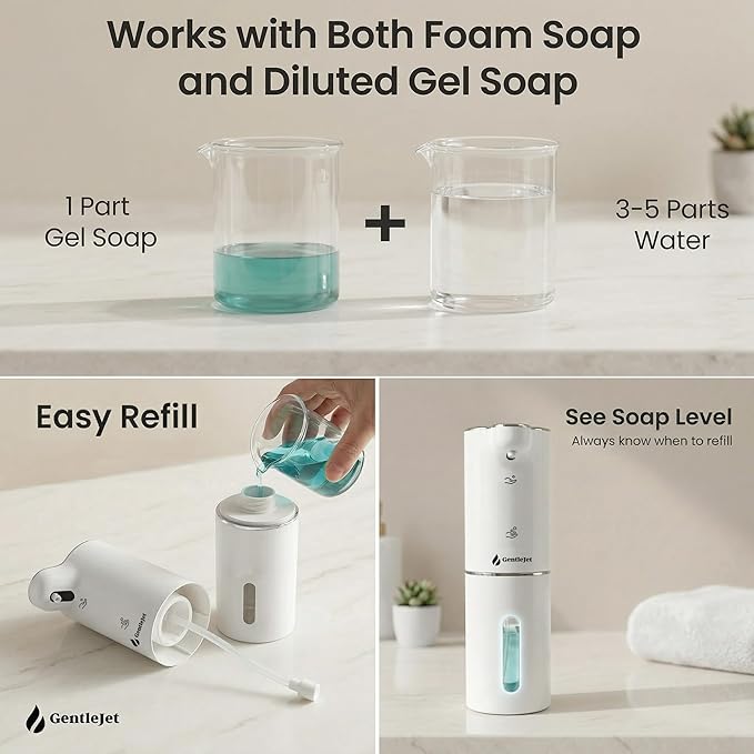 GentleJet JetFoam Automatic Foam Soap Dispenser Touchless Sensor, USB-C Rechargeable, Adjustable Output, IPX5 Waterproof, 300 ml, Bathroom & Kitchen Countertop