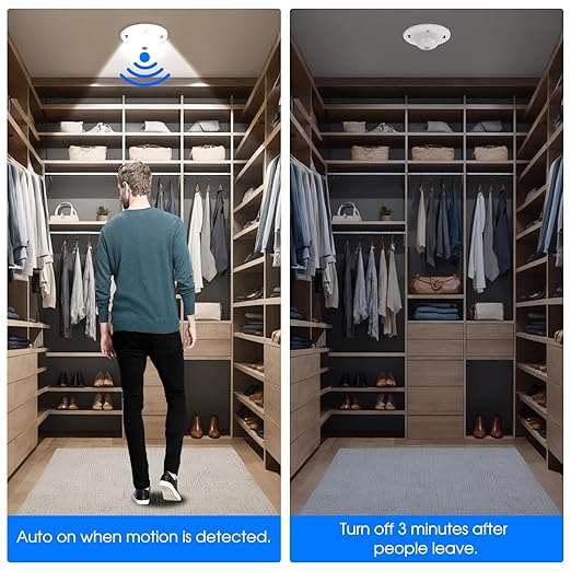 Energetic 4.7 Inch Motion Sensor Closet Ceiling Lights, LED Under Cabinet Lights Wired, Flush Mount Ceiling Lighting Fixtures for Bedroom, Kitchen, Hallway, Wet Location, 120V, 4000K, White, 2 Pack