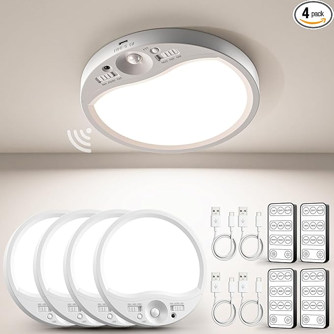 TANBABY 8000mAh Motion Sensor Ceiling Light Indoor with Remote, 3-Color Magnetic Battery Operated Lights, 7'' Super Slim Ceiling Light Adjustable Motion Timer 30s/60s/120s for Closet Shower (4 Pack)