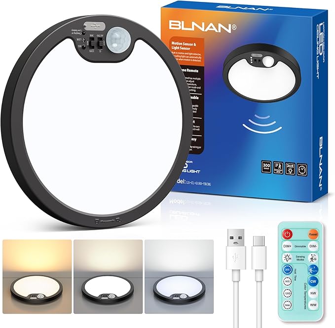 BLNAN Rechargeable Shower Light Indoor, 7000mAh Motion Sensor Wireless Ceiling Light with Remote, Battery Operated Ceiling Light, LED Overhead Lighting for Pantry Bathroom 1 Pack