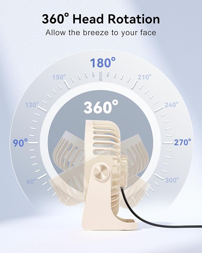 Edvision USB Desk Fan, 5 Inch Small Portable, 3 Speeds Powerful Wind Mini Personal Desktop Fan 360° Rotation Adjustable, Plug In USB Fan Quiet for Table Home Office Travel Car(Beige)