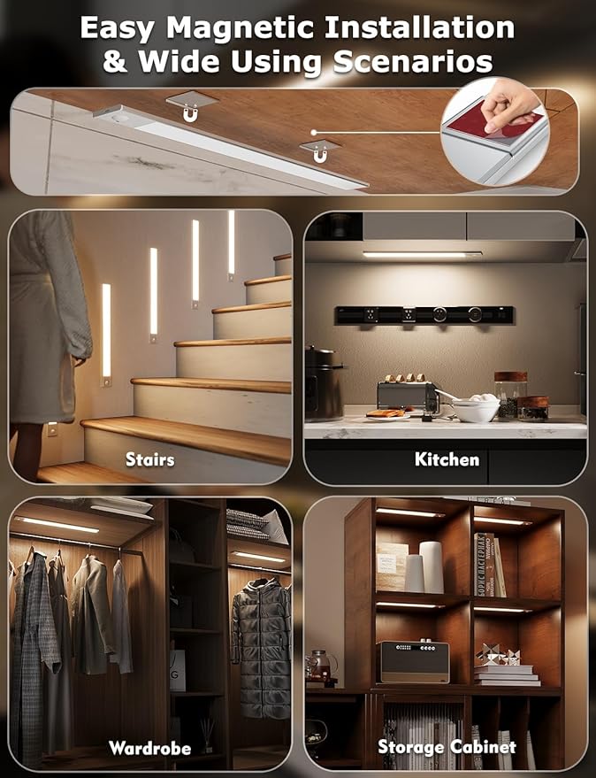 16" Ultra-Thin Under Cabinet Lighting Wireless, Aluminum Alloy Under Counter Lights for Kitchen, 3-Color-Temps Magnetic Closet Lights, Rechargeable Motion Sensor Light Indoor (2 Pack, Silver)