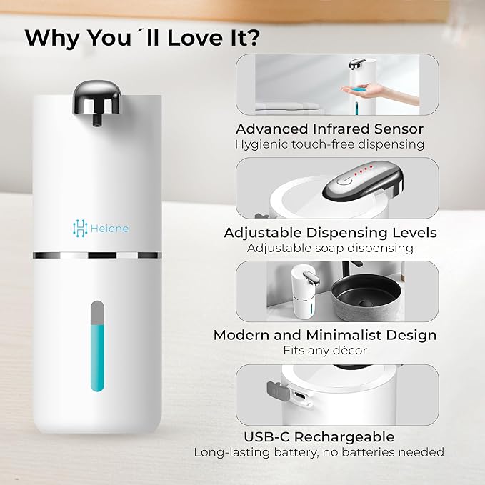 Automatic Soap Dispenser - Touchless Liquid Soap Pump for Kitchen Sink & Bathroom, USB-C Rechargeable, IPX5 Waterproof, Wall Mount or Countertop, 12.8oz (White)