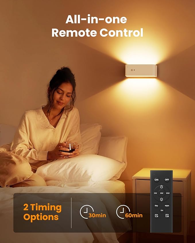 Motion Sensor Wall Sconce Indoor, 3 Colors Cordless Wall Lamp LED Wall Sconces Rechargeable Lamp, Remote Control, 8000mAh Battery Operated Wall Lights Brightness Adjustable for Bedroom White 1P