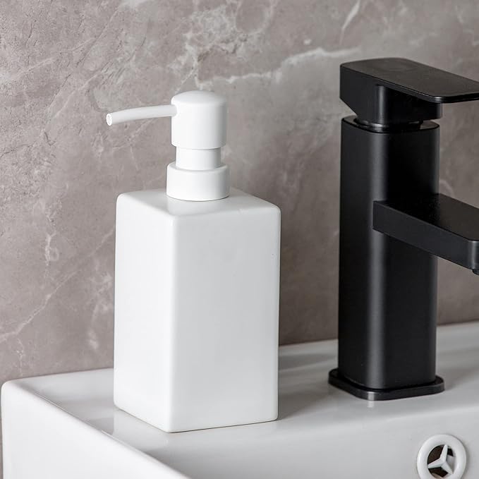Square Matte White Soap Dispenser Ceramic Hand Soap and Lotion Dispenser for Bathroom Countertop,Dish Soap Dispenser for Kitchen-14oz.