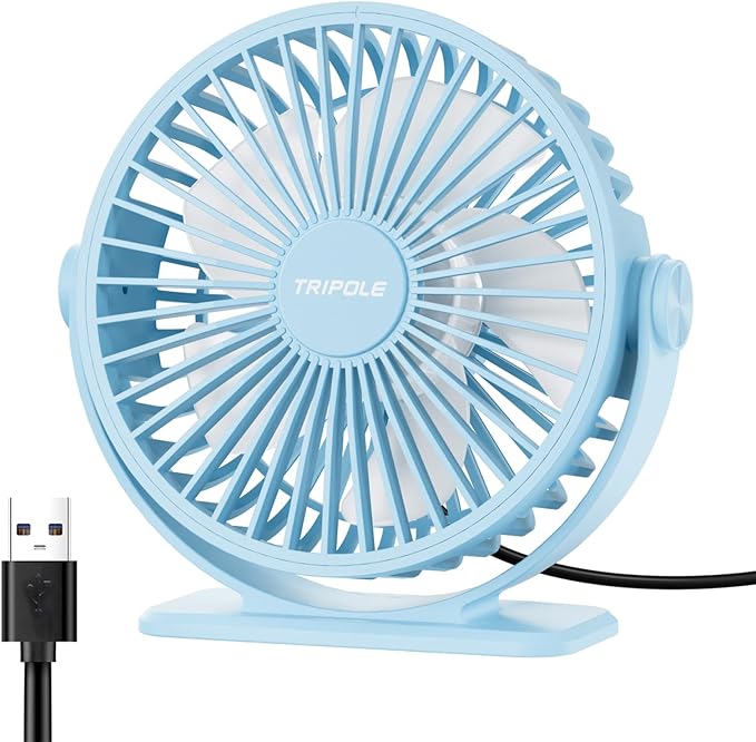 TriPole Small Desk Fan USB Powered Mini Portable Fan, 3 Speeds Strong Breeze Electric Fans, 360° Rotation Quiet Plug In Personal USB Cooling Fans for Desktop Bedroom Office Table Travel Cruise, Blue