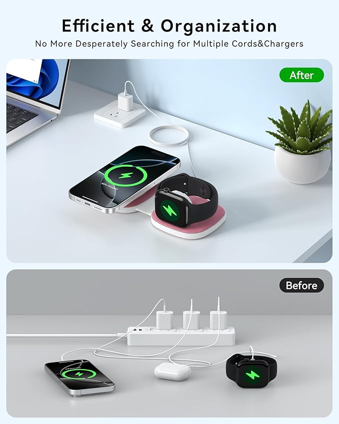 Charging Station for Apple Multiple Devices：2 in 1 Foldable Wireless Charger for Magnetic Wireless Charger Station Travel Charging Pad for Apple iPhone 17 16 15 14 13 12 Series& Apple Watch& Airpods
