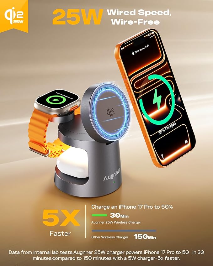 3 in 1 Charging Station Compatible with MagSafe Charger, Qi2.2 25W Magnetic Wireless Charger with Night Light, Foldable Charging Stand for iPhone 17/16/15/14/13/12, Apple Watch, AirPods (45W Adapter)