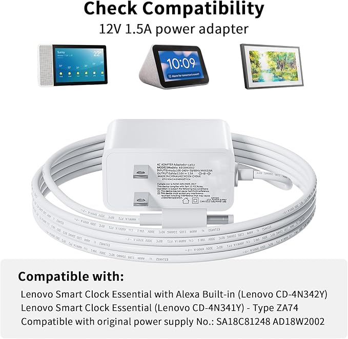 15W Power Cord Replacement for Amazon Echo Dot 3rd/4th Gen, Echo Dot 3rd/4th Kids Edition, Echo Show 5 and Lenovo Smart Clock Essential CD-4N341Y CD-4N342Y, 12V 1.5A AC Power Adapter Supply, White